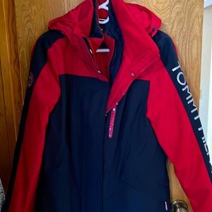Timmy Hilfiger 3 in one jacket size M, navy blue and red with spell out on arm.